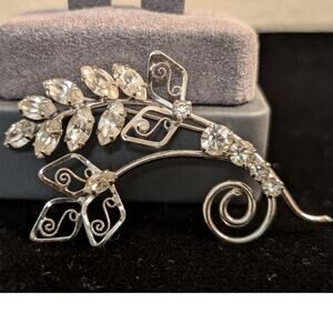 Vintage Tru Kay Sterling Marquis Cut Rhinestone Leaf Scroll Brooch/Pendant
